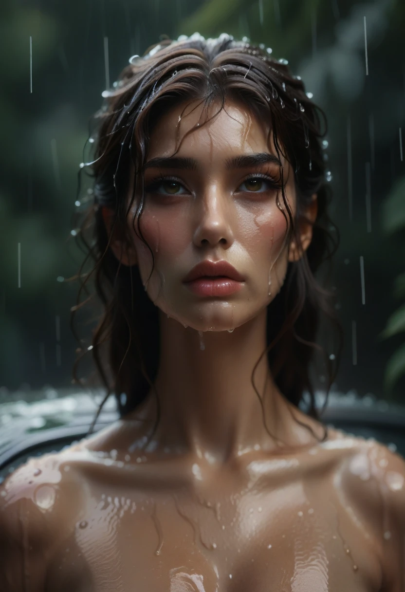 (Best quality, 4k, Masterpiece :1.3), pretty woman, 1girl, (breasts, attractive body :1.2), abs :1.1, dark brown hair: 1.1, (rainy wet, wet from rain, wet body :1.2), ultra-detailed face, detailed lips, detailed eyes, double eyelid