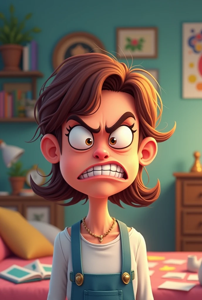 A cartoonist AI image of woman with a angry face with a background of his room