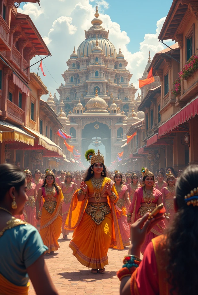 Janmashtami Celebration**: The joyous celebration of Janmashtami with people dancing, singing, and participating in religious rituals, highlighting the festive and triumphant spirit of the occasion. In dall e-3 style
