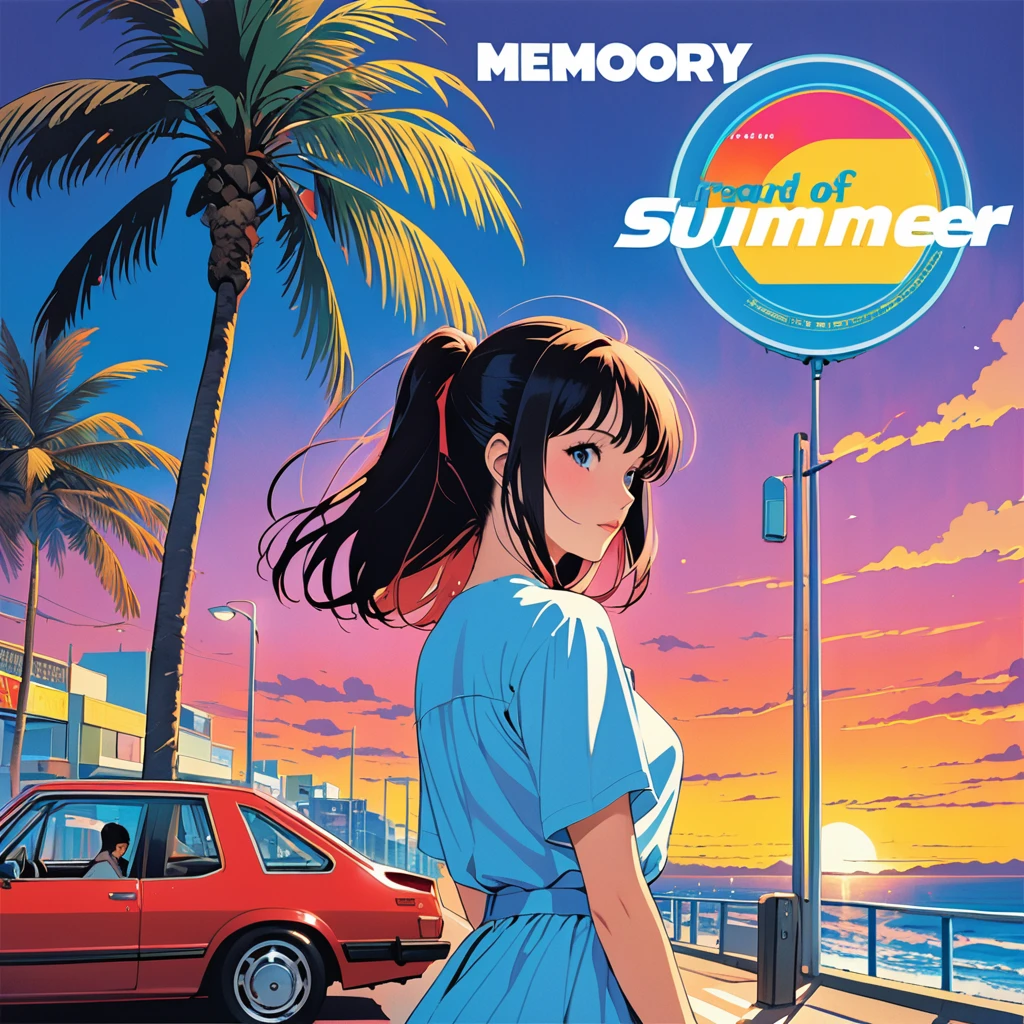 (masterpiece, best quality:1.1),90s record cover art,city-pop,title of the song is "memory from summer",Red car,Palm tree,girl's profile,road of seaside, inspired by Hiroshi Nagai cmyk palette,illustration by Hisashi Eguchi,(blue outline),