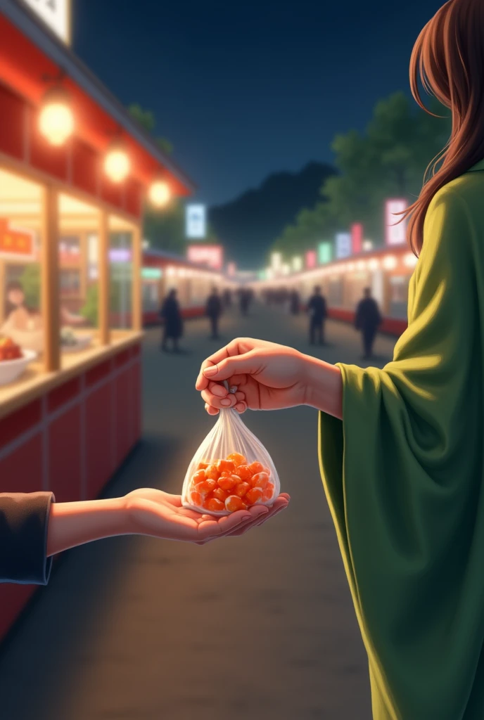 The “hand” of a woman wearing a green yukata (only the sleeve and hand are visible) Holding a bag of goldfish and handing it to another person (the other person's hand is visible) But the other party's hand had not yet reached the goldfish bag Side view The background is a Japanese festival at night And the woman holding the bag of goldfish is an employee of a fish scooping.