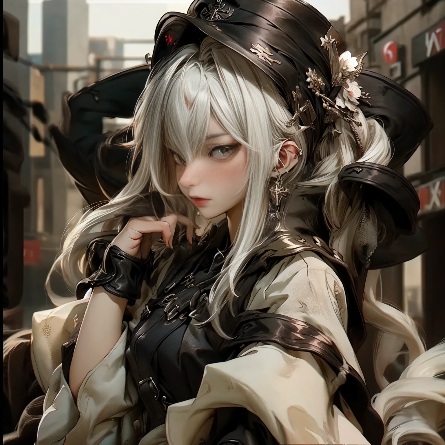 ((best quality)), ((Masterpiece)), (details:1.4), 3d, Image of a beautiful cyberpunk woman., HDR (high dynamic range), mature woman, เหมือนจริง, High Ponytails, White hair, White eyes, future police, PBR surface, After processing, Anisotropic filtration,depth of field, Maximum clarity and clarity, multi-layered surface, perfect proportions, 8K raw files, cyberpunk, at night, ผมหลายชั้น,  red short skirt, natural lighting, soft lighting, sunlight, หน้าอกใหญ่, a woman wearing a black gothic style military uniform, black military hat with gold details, iron cross symbol on the military hat, street background