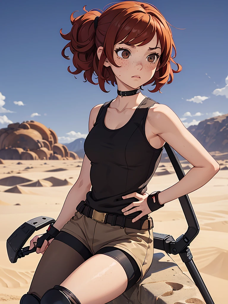 (masterpiece), (best quality), ((one girl)),alone, red hair,((brown eyes)),short curly hair, anime style, freckles, (small breast) (petite figure), black tank top, leggings, knee pads, battle outfit, legs((desert background))