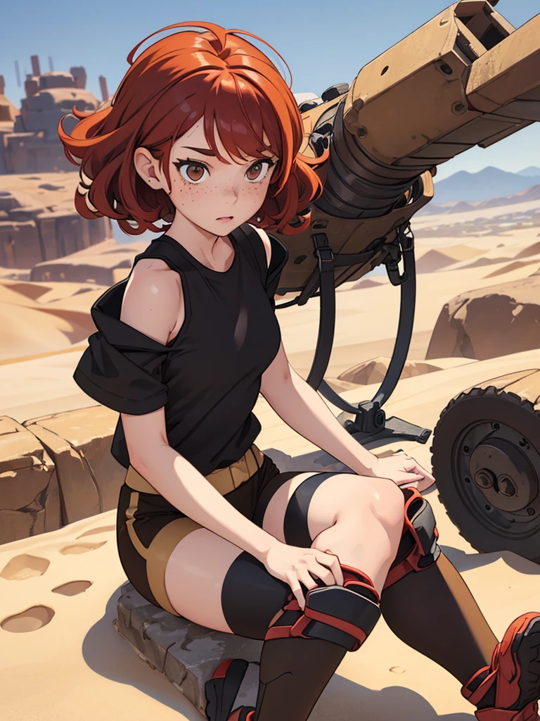 (masterpiece), (best quality), ((one girl)),alone, red hair,((brown eyes)),short curly hair, anime style, freckles, (small breast) (petite figure), black tank top, leggings, knee pads, battle outfit, legs((desert background))
