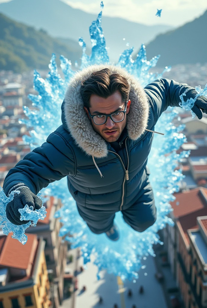 Create the image of a superhero with prescription glasses, wearing cold weather clothes and handling ice, while flying over the city of Vitória da Conquista in Bahia