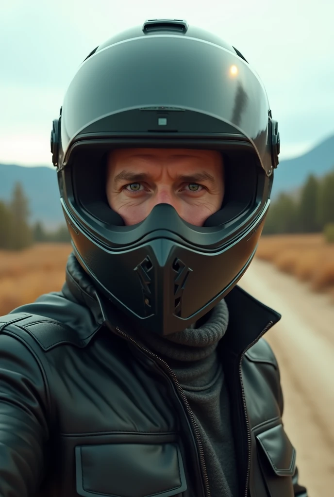 (photorealism:1.2), A selfie of a man wearing a black full-face motorcycle helmet with dark green details,.. The scene takes place outdoors, in natural daylight, with an open landscape in the background showing distant trees and hills, dirt road,Black leather jacket with mao collar