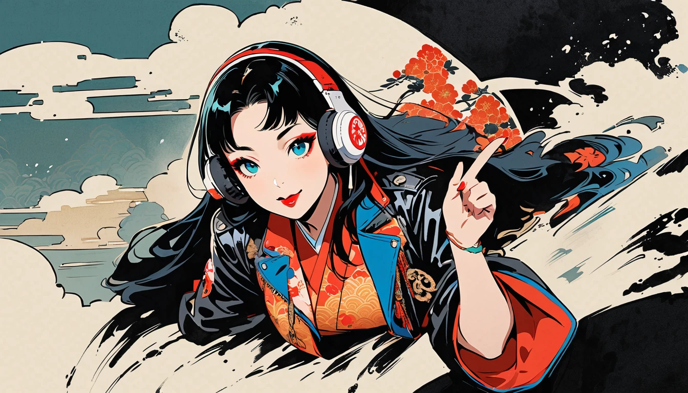 (((Ink Painting))), (((from above))), (((1 female))), (((Leather jacket with Japanese patterns))), (((20-year-old))), (((Very flashy makeup))), Japanese style headphones, devil, peace fingers, Japan人の美少女, Black Hair, Delicate and precise, Modern ukiyo-e style,Japan, Droopy eyes, round face, smile, Fuller lips, Red and Blue