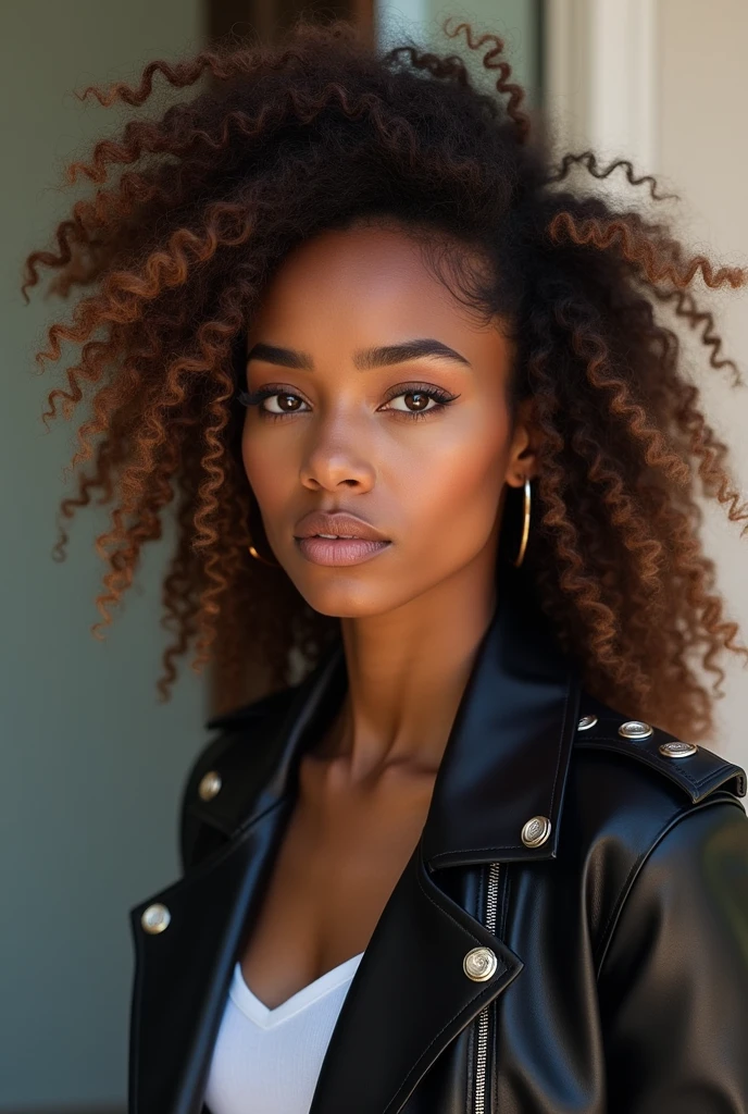 A brown-skinned woman, about 20-2, small lips and nose, big brown eyes, Oval face, long, somewhat light brown afro hair, He is wearing a black leather jacket and flared pants, both, underneath a white shirt and black stilettos.