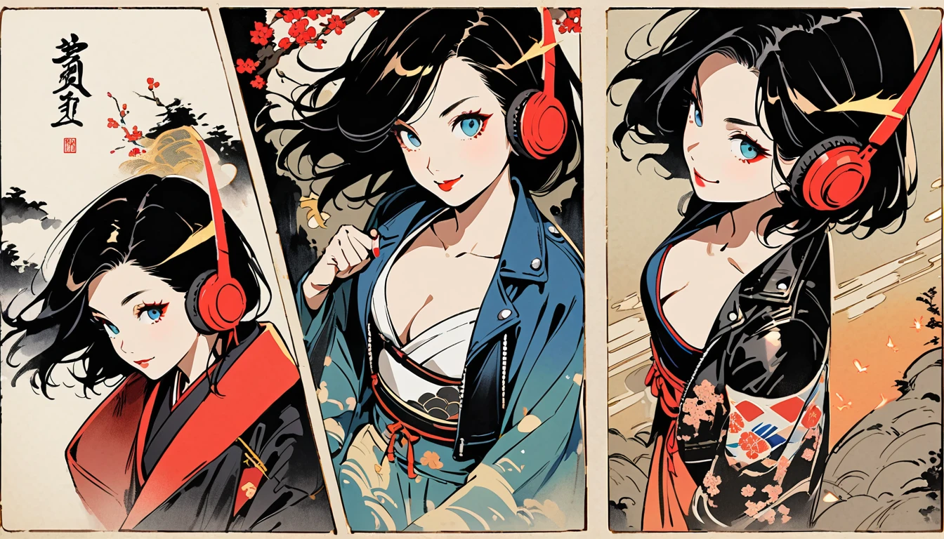 (((Ink Painting))), (((from above))), (((1 female))), (((Leather jacket with Japanese patterns))), (((20-year-old))), (((Very flashy makeup))), Japanese style headphones, devil, peace fingers, Japan人の美少女, Black Hair, Delicate and precise, Modern ukiyo-e style,Japan, Droopy eyes, round face, smile, Fuller lips, Red and Blue