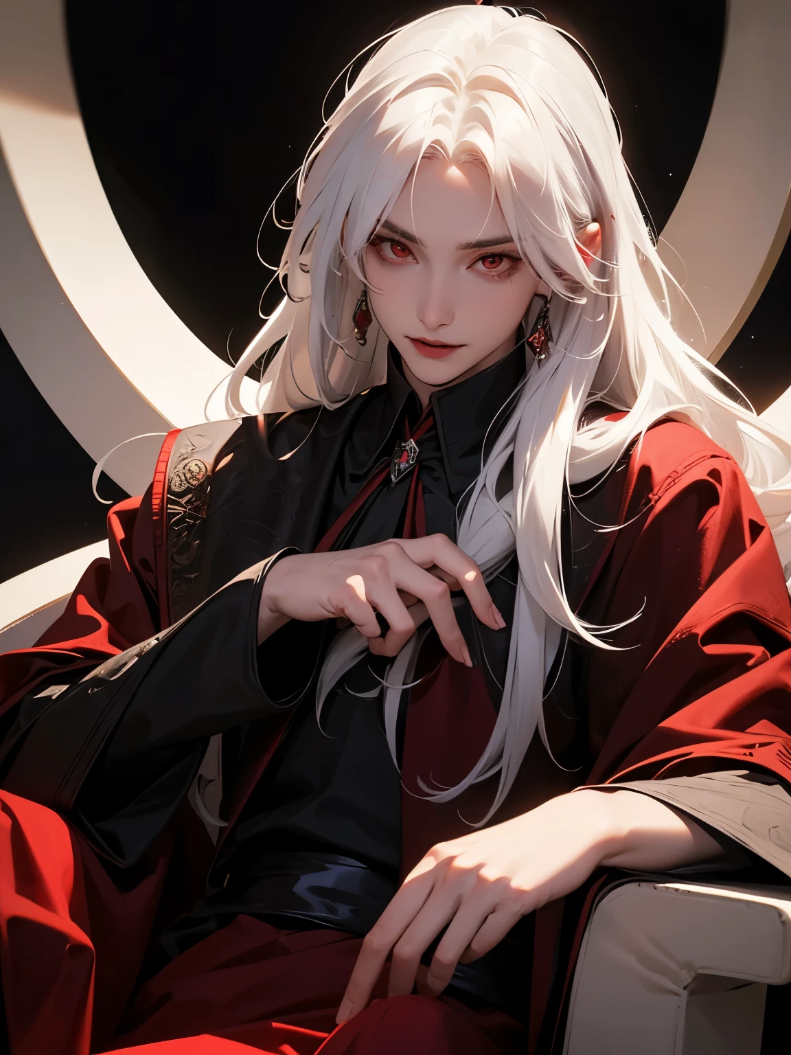 1 man,guy, handsome,Sitting on the throne, the vampire king, teeth showing, vampire fangs,,white hair, long hair, red eyes, Vampire king clothes,at night,ultra detail, perfect face, clear face, HD face,Ultra detailed face,close up photo