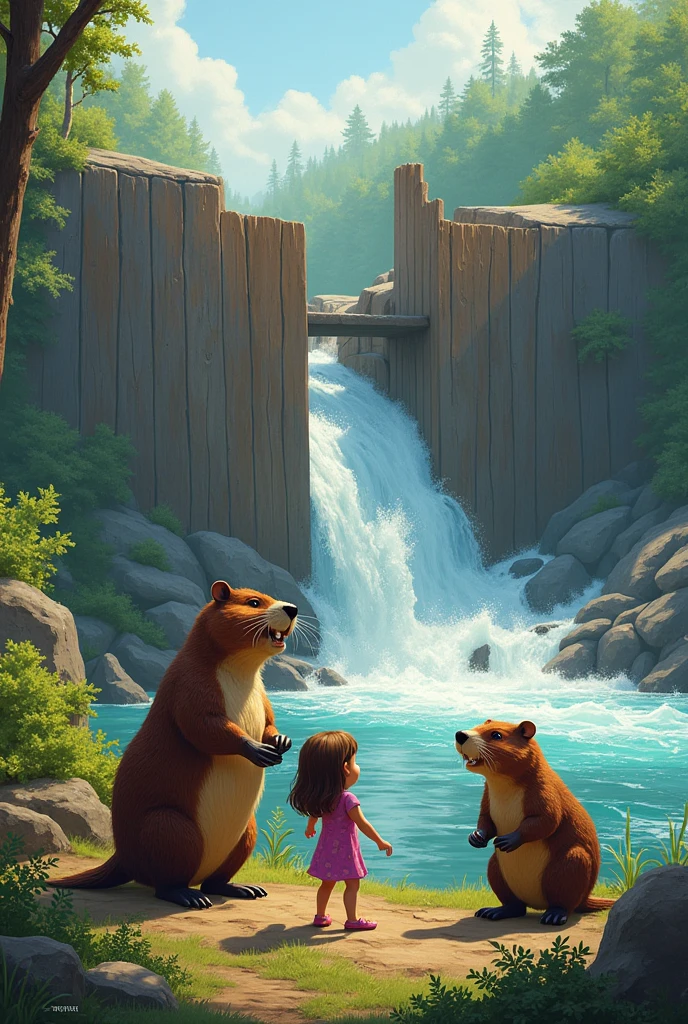 Beavers and Lila working together to modify the large dam into a smaller, more manageable structure that allows water to flow through