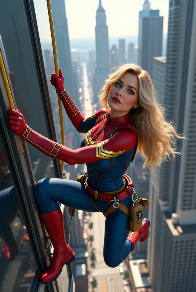 hình ảnh thực tế, siêu anh hùng marvel, Captain Marvel works as a window cleaner on a high rise building.