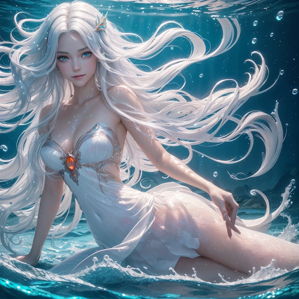 Beautiful mermaid, white long hair, red eyes, realistic photo, high detailed, Realistic, high resolution, high texture, beautiful beauty, long flowing hair, big red eyes, full and high straight, swimming, silver and bluesea fish tails, pale skin, happy red eyes, has wings, masterpiece, best quality, (extremely detailed CG unity 8k wallpaper), (masterpiece), (best quality), hand fingers of human, (polychromatic:1.25), (scenic:1.2), (heterochromatic:1.2), (ultra-detailed), (best illustration), (best shadow), (lightfast), (highly detailed reflection), (an extremely delicate and beautiful), (fantasy), (dynamic angle), (dynamic pose), (1 mermaid floats in undersea), (white hair), (long wavy hair), (swirling hair), (gradient hair), (white and light blue dress), eyelashes, (highly detailed face:1.3), (light particles:1.3), (highly detailed light:1.3), (light changes to water:1.5), ( lots of water current), red, vermeil, orange, yellow, green, lime, peach, colar, pink, aqua, blue, violet, (gradient colored background), smile, upper body, (detailed blue sky:1.3), (ribbon strawwps), (close up:0.8)