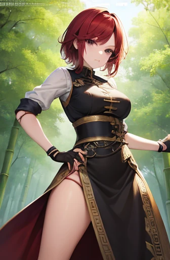 (masterpiece, best illustration,) Hong Meling, waist length red hair, doll joints, battle ready pose, fingerless black gloves, bamboo forest, no extra limbs, confident expression