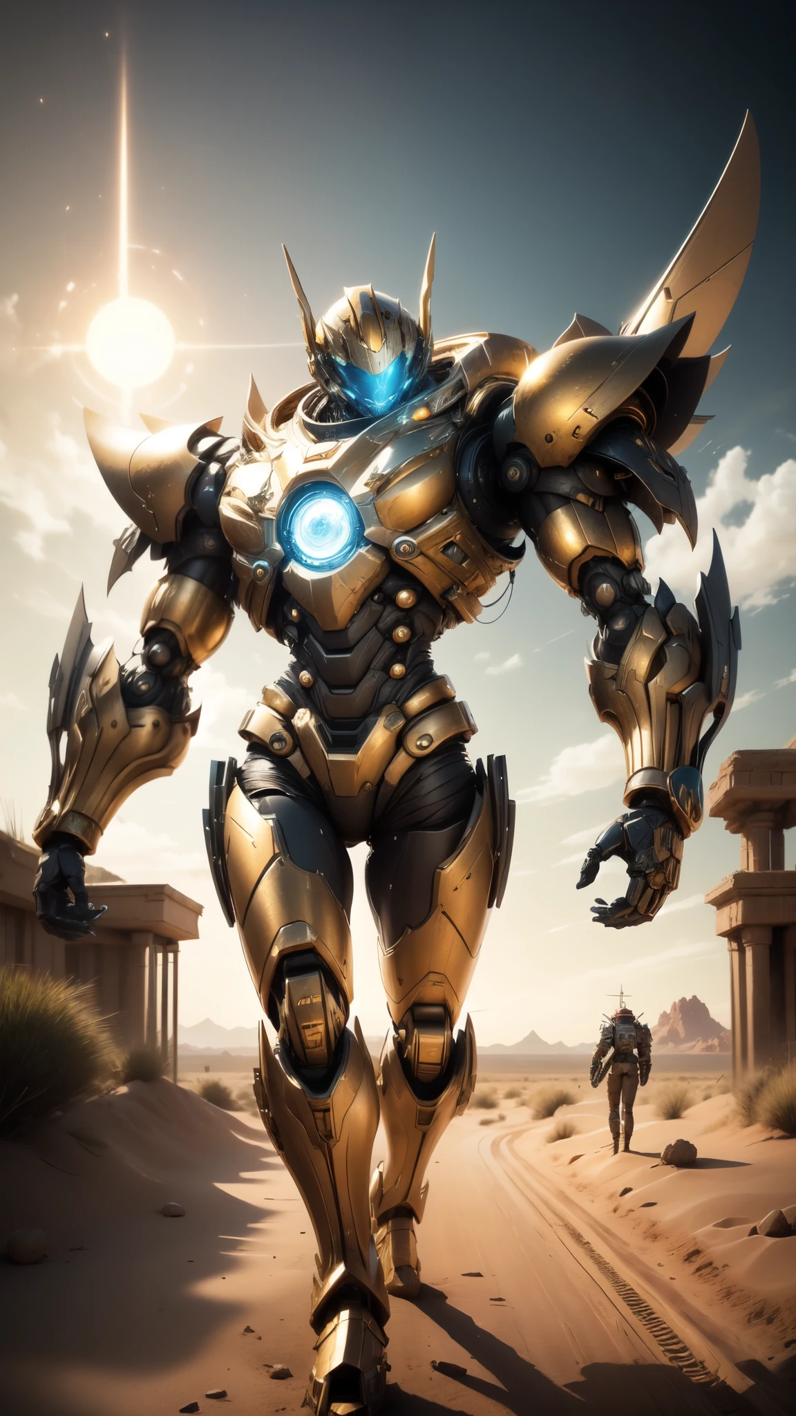 A striking juxtaposition of time and technology as a modern-day man, dressed in a tattered, yet futuristic spacesuit, stands before a colossal robot with an unmistakable Ancient Egyptian aesthetic. The robot's body is adorned with intricate hieroglyphs and gold plating, reminiscent of the grandeur of pharaohs, while its head is that of a sleek, robotic sphinx with piercing blue eyes that glow with an otherworldly intelligence. In the background, the silhouette of an enormous alien ship looms over the desert landscape, casting a long shadow that stretches to the horizon. The ship's design is a blend of futuristic and ancient Egyptian architecture, with a pyramid-like structure at its core and elongated wings that sweep back, hinting at the possibility of interstellar travel. The scene is bathed in the soft, golden light of a setting sun, which illuminates the robot's gleaming metal frame and the man's look of awe as he gazes up at the ship. The man holds a glowing, crystalline artifact in his hand, which seems to resonate with the energy of the robot and ship, suggesting a profound connection between the extraterrestrial visitors and Earth's ancient civilizations. The desert sands swirl around them, carrying whispers of a forgotten past that now seems eerily intertwined with the unfolding future. The image captures a moment of discovery and wonder, as the man, robot, and ship collectively form a tableau that bridges the gap between humanity's deepest historical roots and its boundless cosmic aspirations.