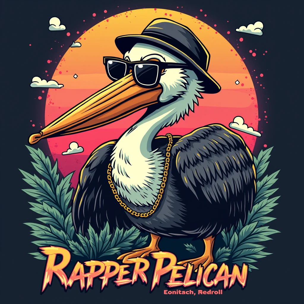Shirt design with a rapper pelican with glasses , retro style , Hiphop 