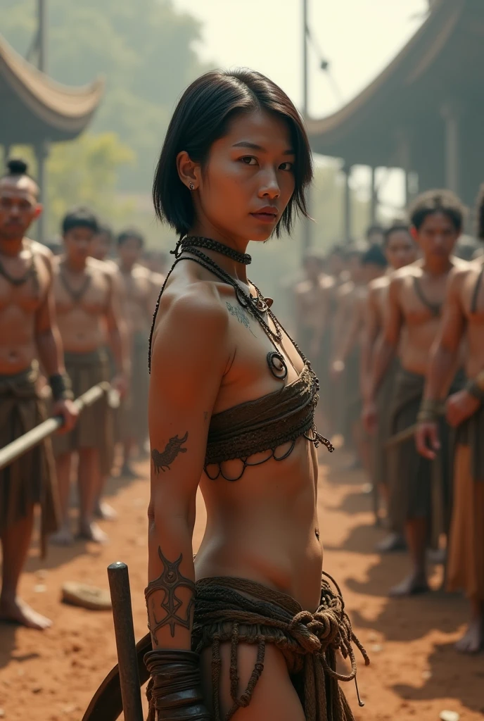 (Asian woman), ((หน้าbeautiful)), (detailed face), (Female shaman), ((naked)),(see full body)
, ((See the beautiful back and buttocks)), ((loincloth)), Female shaman, tied up, suspended, in an ancient ritual, in the middle of a village, with beautiful and intense facial features
, surrounded by many warriors fighting and many injured or fallen. The scene is strong and intense
, Beautiful girl with slim abdominal muscles: 1.4, Six pack abs: 1.4, Chest Botox, small, perfect athlete body, slim, (See the legs), legs details, (Barefoot), ((see full body))
, ((Turn your face and stare at the audience.))
, (proportional figure), very detailed image, (In ancient ceremonies), (outdoor), (Many villagers), (In traditional Thai costume), (Stand and look)
, realistic, Highly detailed, perfect composition
, beautiful, There are complicated details., Incredible detail
, Artistic photography in 8k, There are too many details., Masterpiece