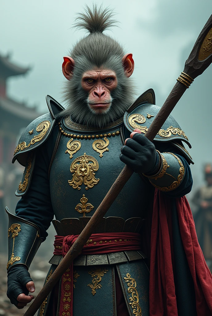 In this Black Myth: Wukong-inspired film, you'll capture action-packed footage. Wukong, an evil-looking macaque with short, gray-brown hair, a human-like face, and a spiky hairstyle similar to Vegeta's, wears elaborate armor. The character's armor features intricate patterns, such as gold engraved designs and ancient Chinese costume patterns, signifying high status or nobility. Wukong holds a staff in one hand. The legendary staff is a long iron rod with a talisman engraved on both ends, indicating readiness for battle or hunting. The background is a blurry and cloudy sky, an outdoor scene, or perhaps a battlefield with dark tones. The overall design elements combine historical and fantasy aesthetics, creating striking and highly realistic photography.