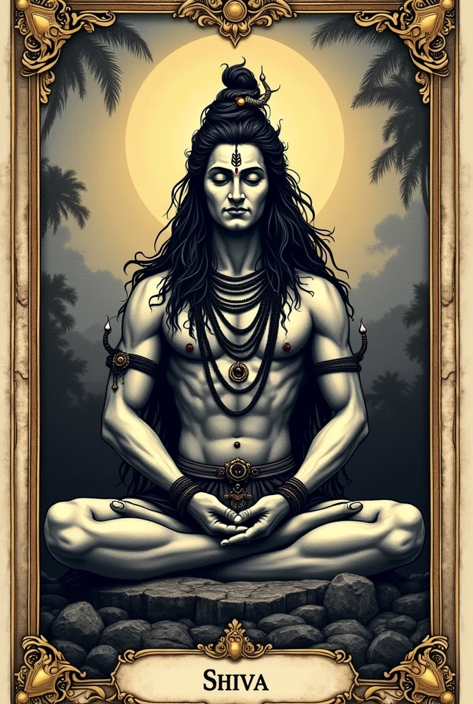 Lord shiva divine picture + symmetry + detailed intricate ink illustration + tarot card with ornate border frame + by Peter Mohrbacher + complementing colors + frame + golden frame + ultra HD + 4k + --aspect 9:16