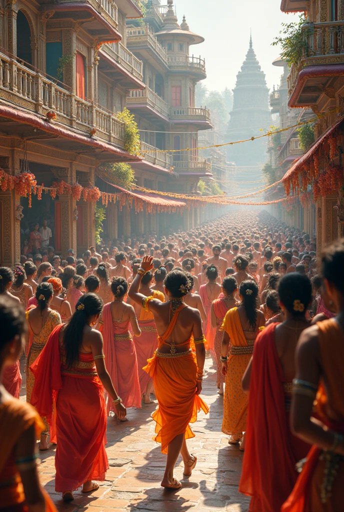 Janmashtami Celebration**: The joyous celebration of Janmashtami with people dancing, singing, and participating in religious rituals, highlighting the festive and triumphant spirit of the occasion. In dall e-3 style