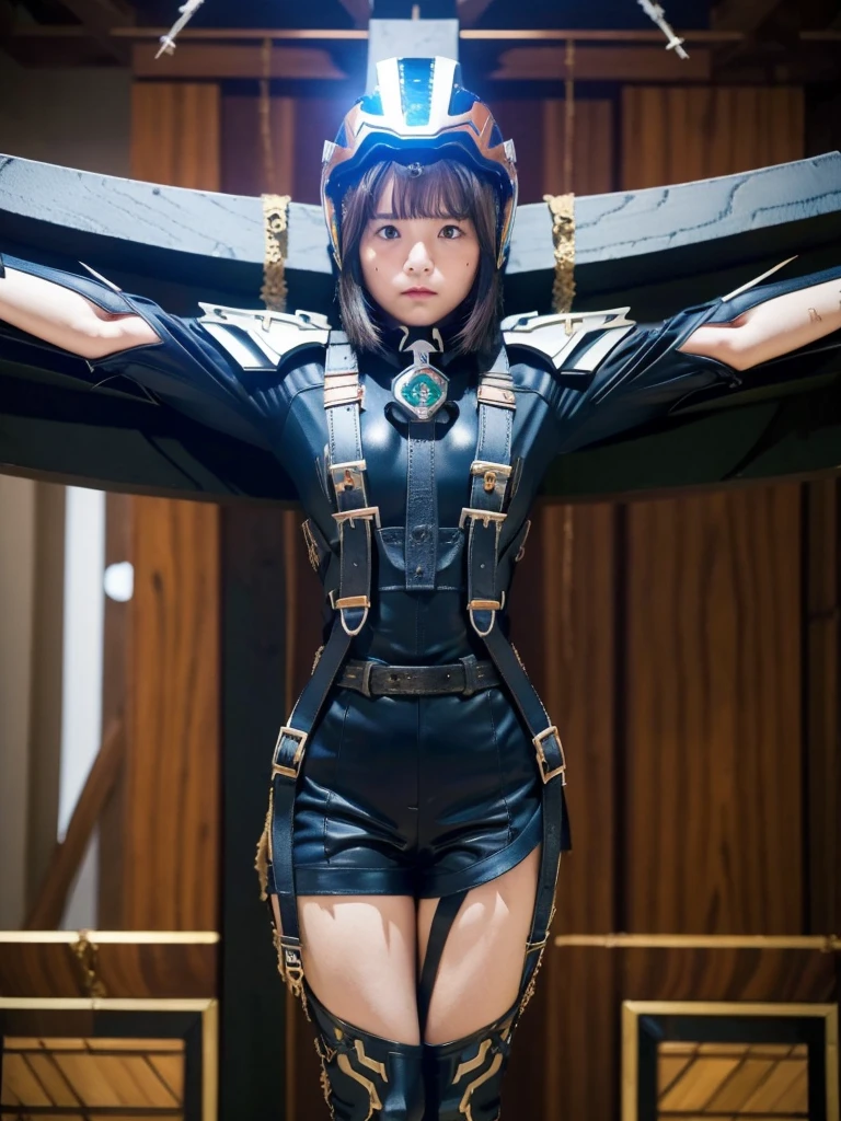 masterpiece, Highest quality, Very detailed, Japanese Android girl,Plump,Slightly thicker,Control panel,Android,cyborg,Blunt bangs,((Crucifixion)),torture,slave,((クロスにCrucifixionにされた女性:1.5)),Crucifixion刑, Type X,Red combat uniform,Harness Belt,Helmet