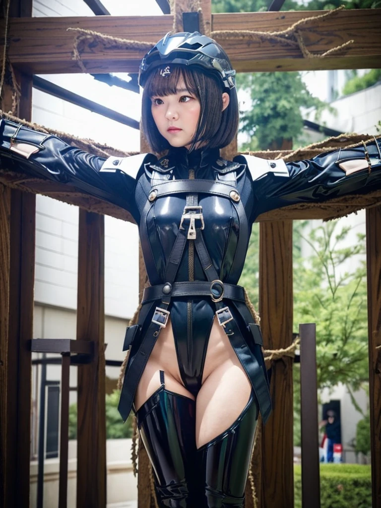 masterpiece, Highest quality, Very detailed, Japanese Android girl,Plump,Slightly thicker,Control panel,Android,cyborg,Blunt bangs,((Crucifixion))，torture，slave，((クロスにCrucifixionにされた女性：1.5)),Crucifixion刑, Type X,Red combat uniform,Harness Belt,Helmet