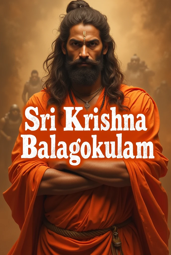 A picture with shivaji as background with less opacity and write Sri Krishna balagokulam on orange filling with white stroke