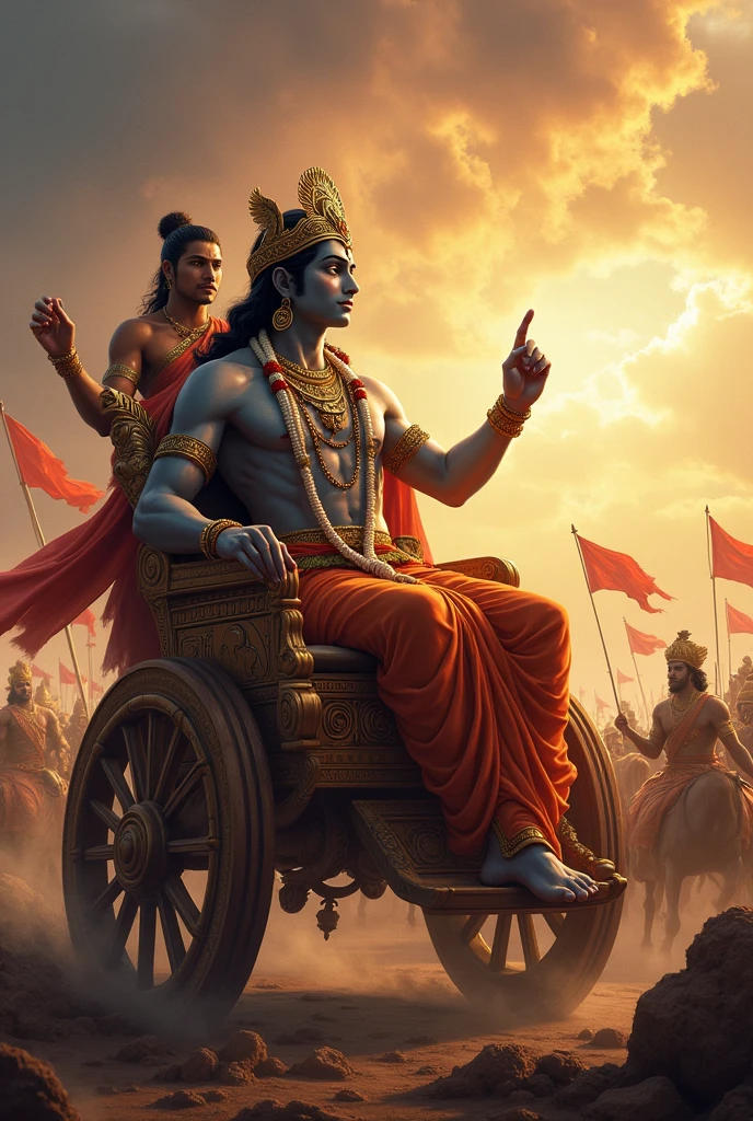shree krishna showing his index finger while sitting in rath and arjun is standing behind him and looking at him