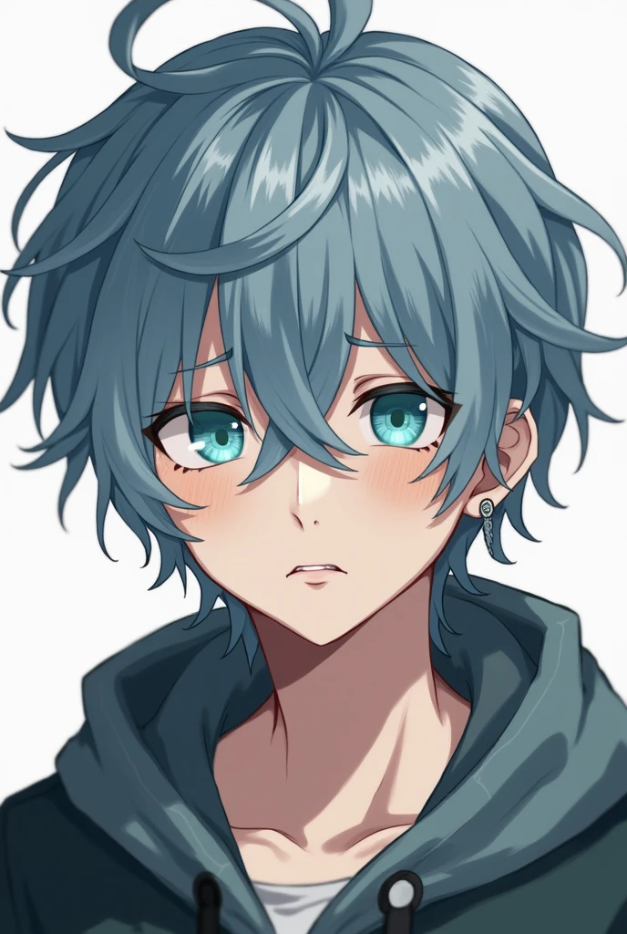 young man,blue-gray hair disheveled grooming,with locks covering her eyes,something fat,tired look,2 earrings in one ear,black color,slightly light skin,aqua eyes