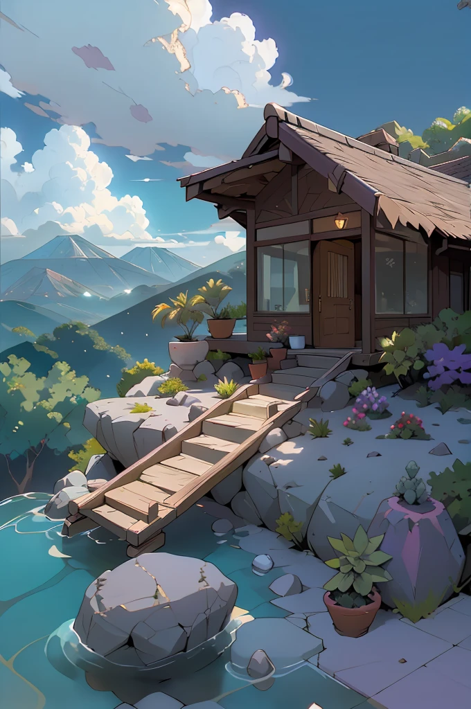 small and beautiful modern house in top of big boulders, terraces, pool, stairs, multiple cacti gardens, palms, trees, rocks, beautiful landscape design, mountains and volcano y background, amazing clouds, sun, moon, planets, milky way galaxy, concrete, wood, glass and steel materials, olive green, violet, orange and withe colors in facade
