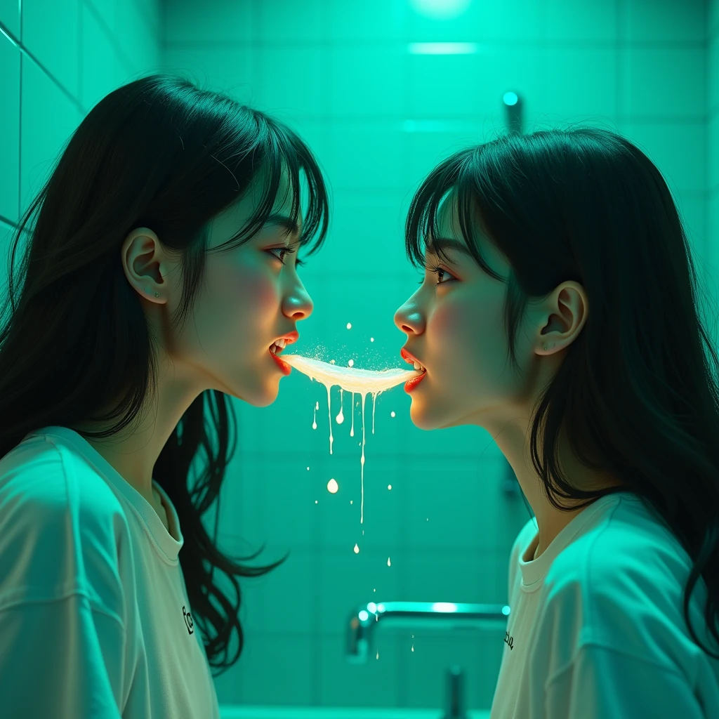 pretty Japanese teenager spitting wet toothpaste in her twin sister's face, photorealistic, green lights, blue bathroom tile, laughing