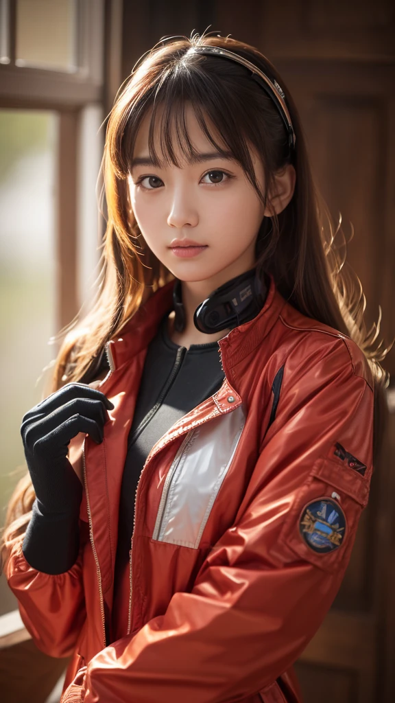 (8k, Highest quality, masterpiece:1.2), Very detailed, masterpiece, Realistic lighting,masterpiece, Highest quality, masterpiece, Official Art,extremely detailed CG unity 8k wallpaper,Beautiful attention to detail, Light on the face, One person, Asuka,Upper Body, chest, pilot_suit, plugsuit, red_Jacket, Windbreaker, gloves, bandage, hair_ornament, Braces,