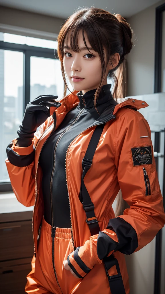 (8k, Highest quality, masterpiece:1.2), Very detailed, masterpiece, Realistic lighting,masterpiece, Highest quality, masterpiece, Official Art,extremely detailed CG unity 8k wallpaper,Beautiful attention to detail, Light on the face, One person, Asuka,Upper Body, chest, pilot_suit, plugsuit, red_Jacket, Windbreaker, gloves, bandage, hair_ornament, Braces,