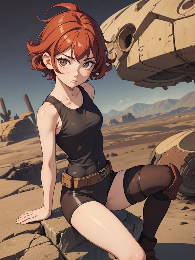 Biggs appears to be wearing a tank top, similar to the one from Amethyst's previous form. Biggs also still has three small spikes on her forehead. Her clothing is a dark maroon tank top and very dark maroon underwear like shorts, dark maroon tights with beige ovals on them, and reddish brown shoes. Jasper, SPARKLE; GLITTER