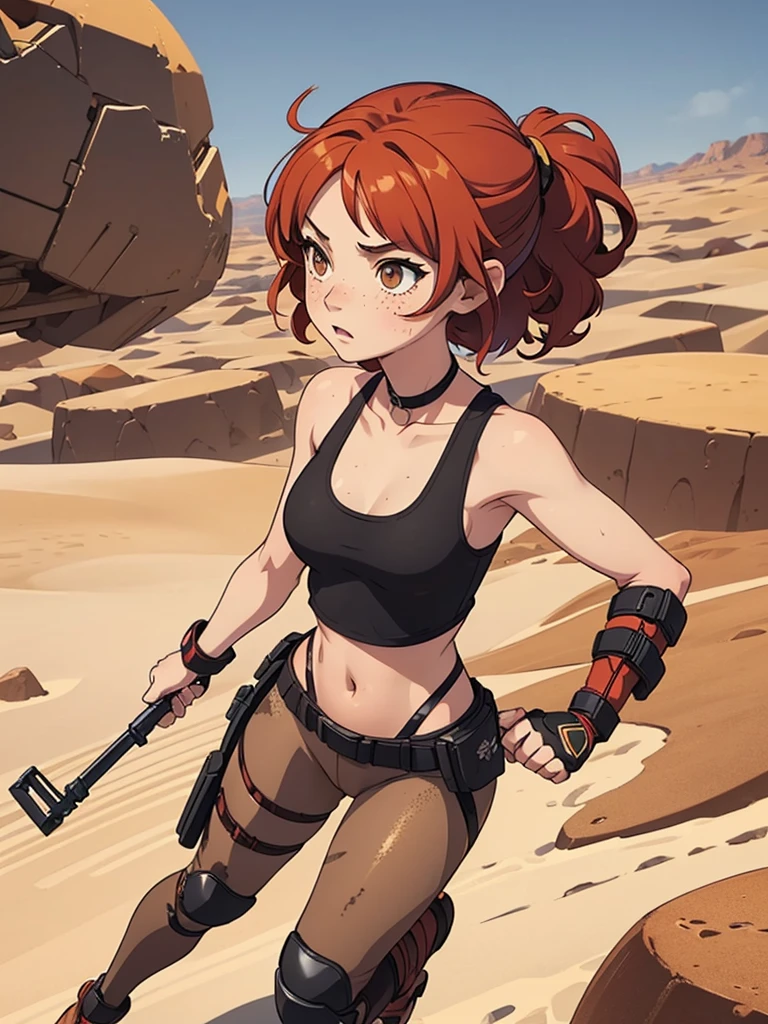 (masterpiece), (best quality), ((one girl)),alone, red hair,((brown eyes)),short curly hair, anime style, freckles, (small breast) (petite figure), black tank top, leggings, knee pads, battle outfit, legs((desert background))