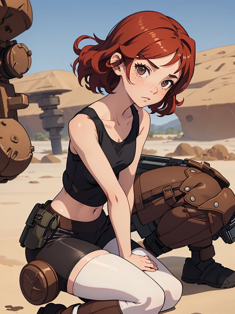 (masterpiece), (best quality), ((one girl)),alone, red hair,((brown eyes)),short curly hair, anime style, freckles, (small breast) (petite figure), black tank top, leggings, knee pads, battle outfit, legs((desert background))