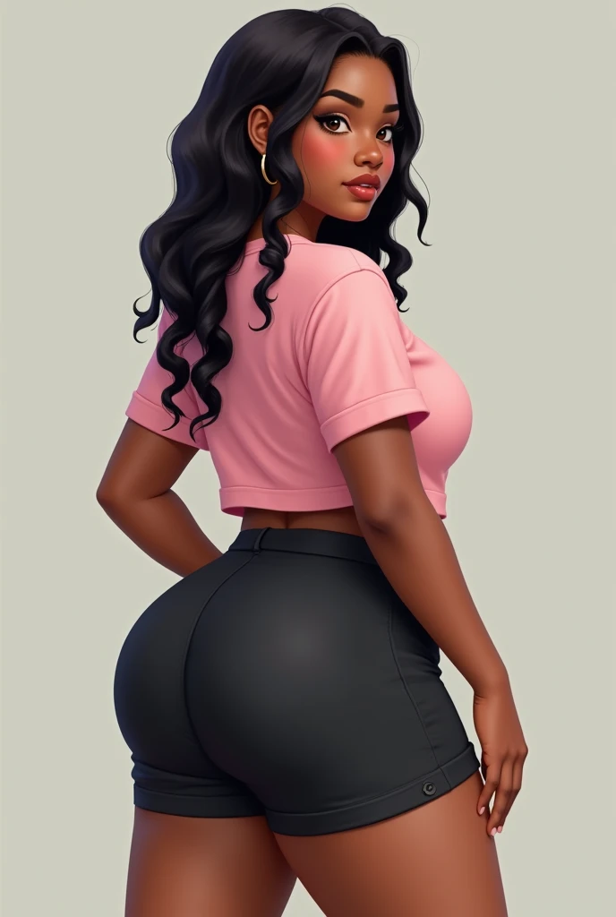  
A black girl with long braided hair who is  about 130 pounds medium size ass and medium size breast in black booty shorts and a pink t-shirt Realistic and a little chubby 