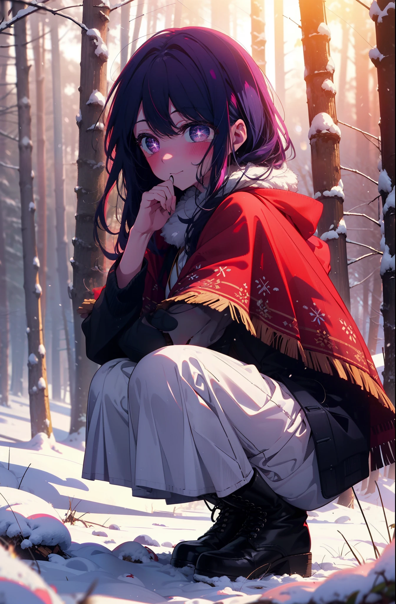 aihoshino, Ai Hoshino, Long Hair, bangs, (Purple eyes:1.1), Purple Hair, (Symbol-shaped pupil:1.5), smile,,smile,blush,white breath,
Open your mouth,snow,Ground bonfire, Outdoor, boots, snowing, From the side, wood, suitcase, Cape, Blurred, , forest, White handbag, nature,  Squat, Mouth closed, Cape, winter, Written boundary depth, Black shoes, red Cape break looking at viewer, Upper Body, whole body, break Outdoor, forest, nature, break (masterpiece:1.2), Highest quality, High resolution, unity 8k wallpaper, (shape:0.8), (Beautiful and beautiful eyes:1.6), Highly detailed face, Perfect lighting, Extremely detailed CG, (Perfect hands, Perfect Anatomy),
