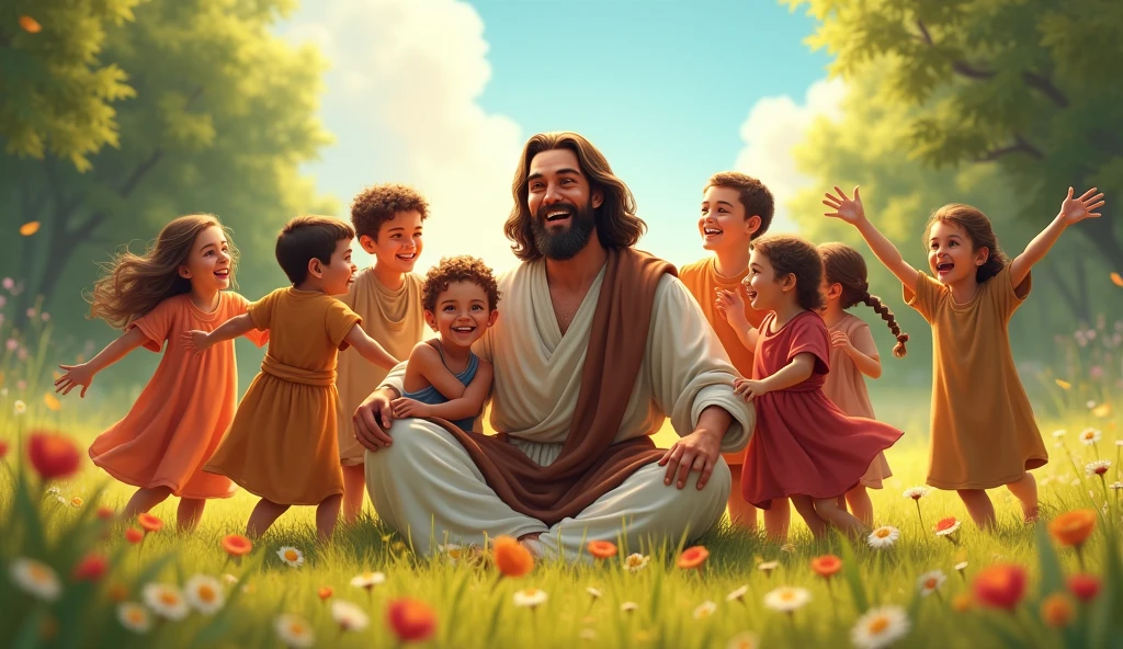 "Create an image of Job surrounded by his new 7 sons and 3 daughters in a sunny and cheerful environment. Show Job sitting or standing in the center, with an expression of happiness and gratitude, while your sons and daughters, of various ages, play and interact around you. The setting should be a green and flowery field, with trees in the background and a clear sky, symbolizing the renewal and blessings that God granted to Job."