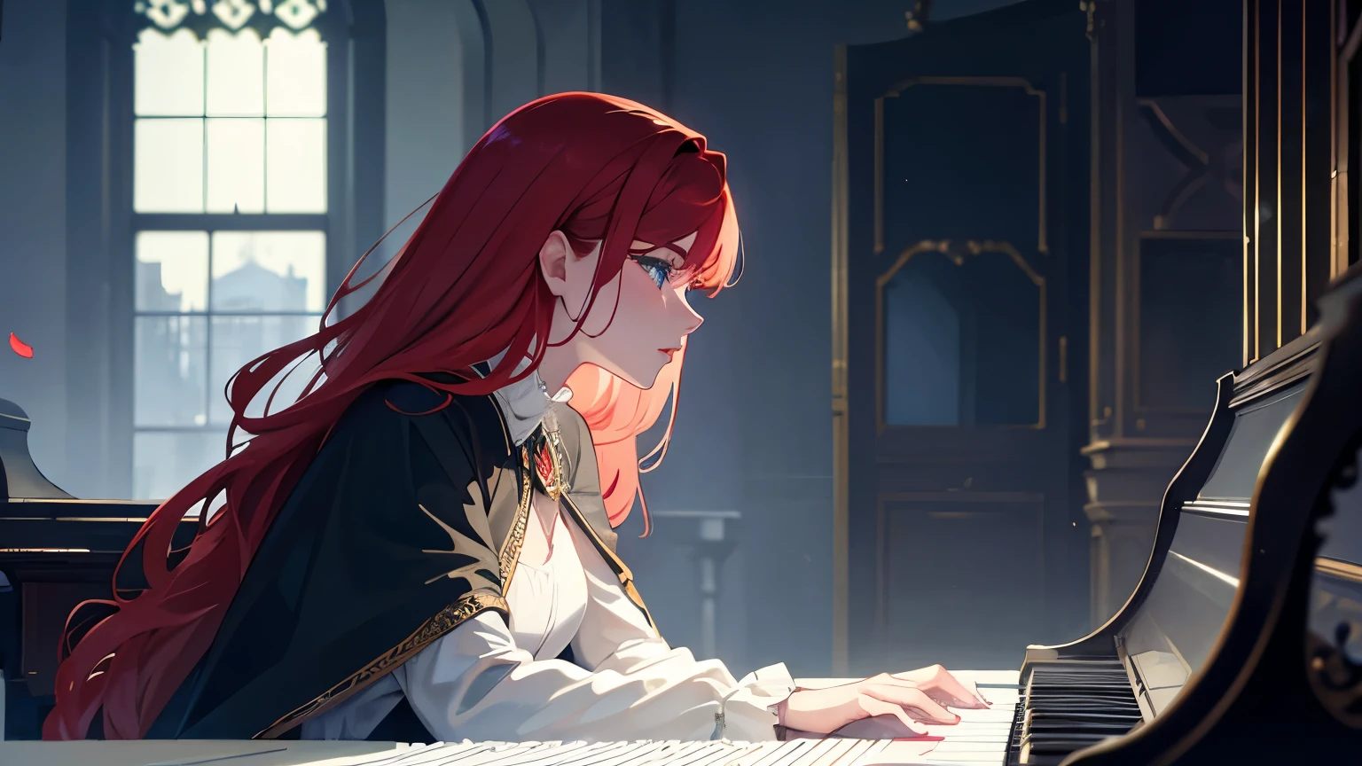 profile from afar of woman, red hair, greenish blue eyes, dramatic lighting, intricate architectural details, moonlit night, fog, dramatic shadows, haunting presence, captivating gaze, porcelain skin, elegant posture, long flowing cloak, playing piano in a mansion, (best quality,4k,8k,highres,masterpiece:1.2),ultra-detailed, (detailed piano, high quality piano, pretty eyes, pretty lips, pretty nose, high quality face),cinematic composition,dark fantasy,chiaroscuro,gothic,dramatic, rose petals falling around her