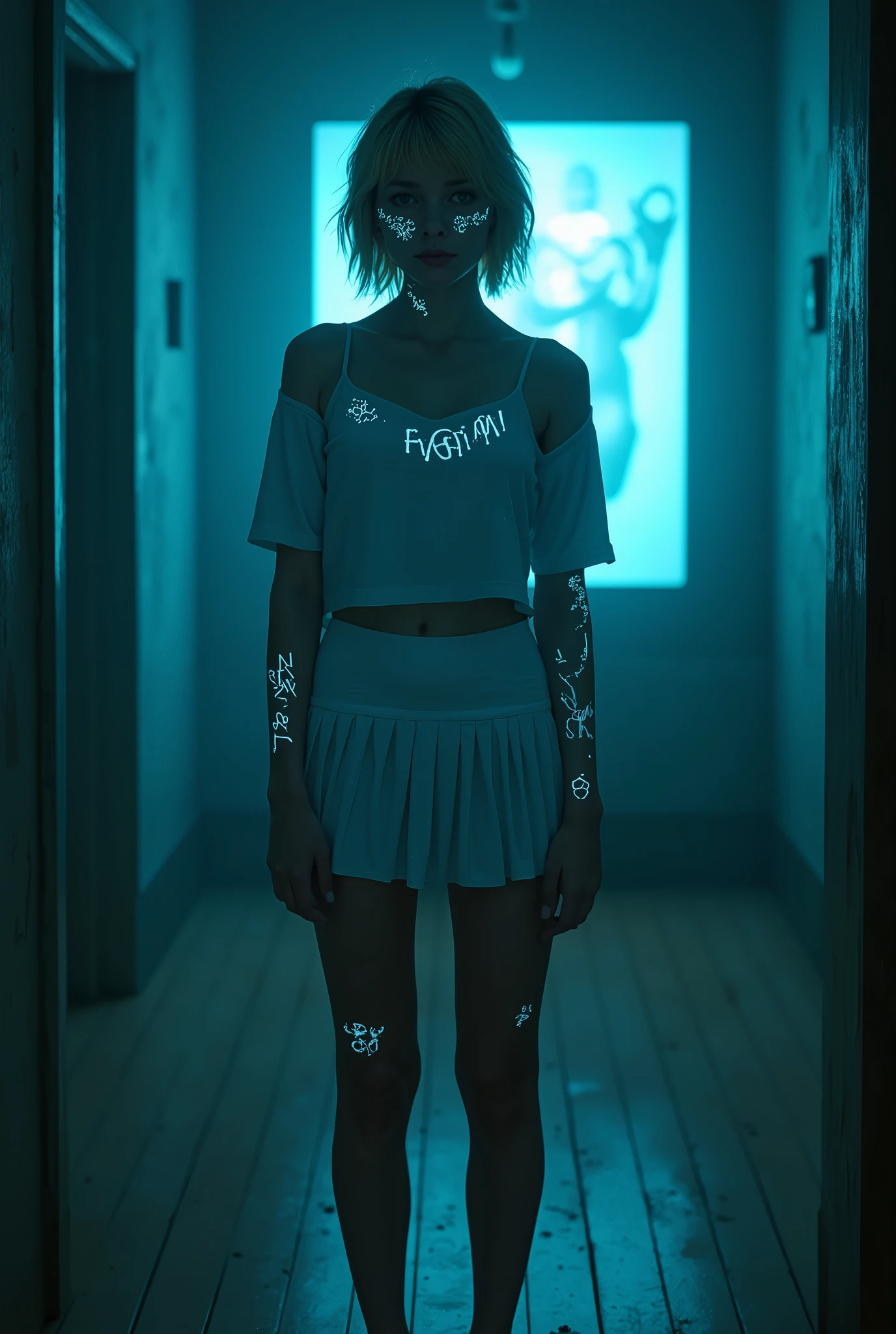 (photorealism:1.2), beautiful woman, swedish, blonde,sad, pensive, assistant, short pleated skirt, white underwear, white fitted shirt, 18yo, haunted house, wooden floor, blue lighting, hologram, projection,looking at camera, short hair, liminal, followed by darkness, dark, dirty face, glowing blue writing on skin of face arms and legs