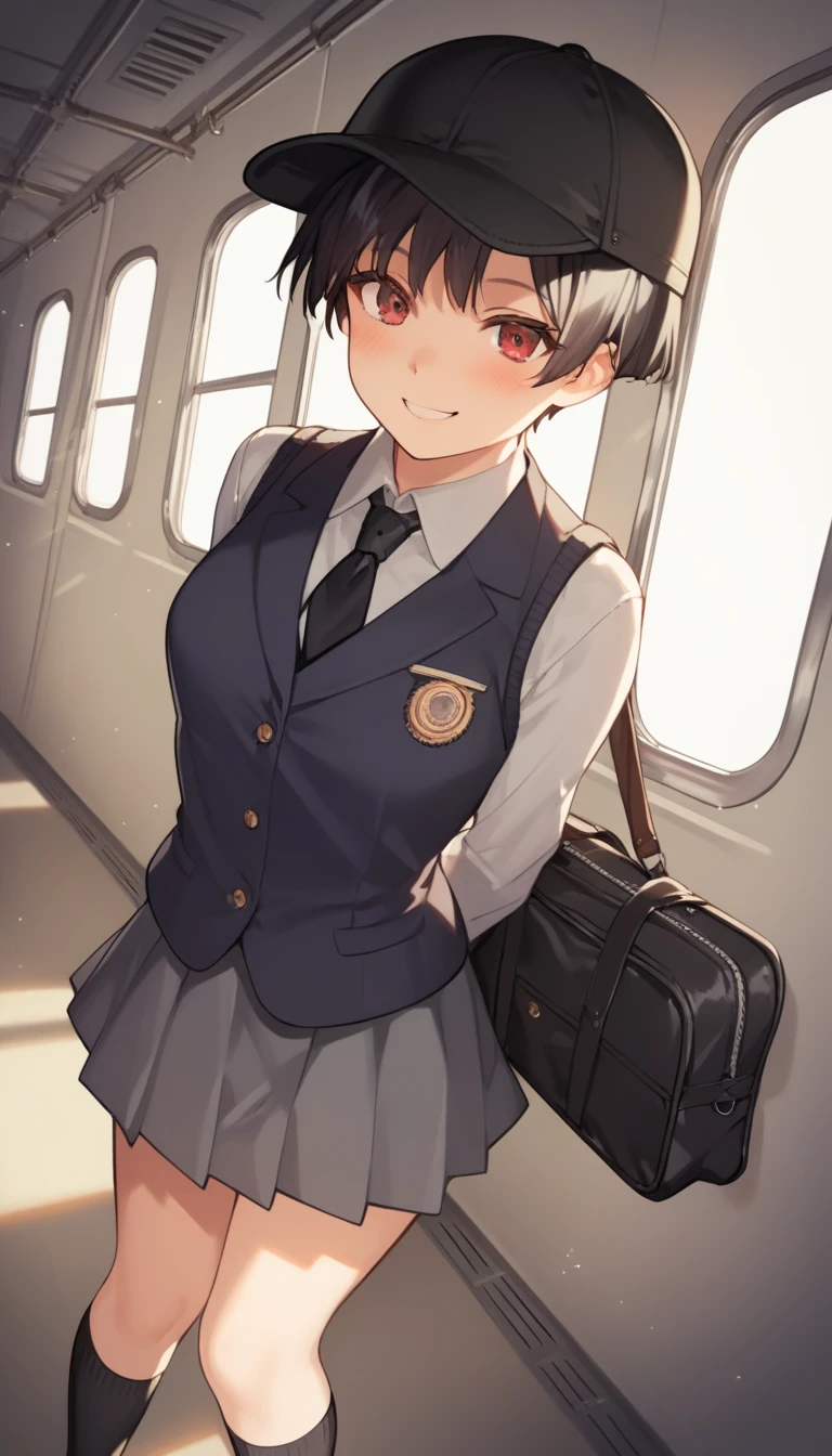 score_9, score_8_up, score_7_up, source_anime, best quality, amazing quality, absurdres, very aesthetic, 1girl, red eyes, wariza, short hair, pixie cut with layers, black hair, portrait, starshadowmagician, solo, 1 girl, best perfect anatomy, thin, curvy body, flat breasts, close up shot on person, a girl showing happy, smile, blush, super high angle from below, looking at viewer, Hide your arms behind your back, standing pose, high school, black baseball cap, uniform, blazer, sweater vest, black necktie, gray skirt, black long socks, Wearing a school hand bag, dynamic angle. perfect dynamic composition, foreshortening, night days, volumetric lighting, Detailed background, Cinematic lighting, Sunlight, Waiting train, train station, Stand on the platform,