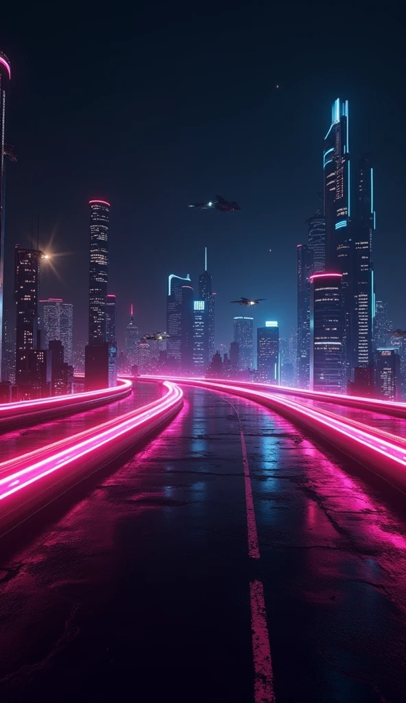Generate image of dark background wallpaper having neon light and there is city in background