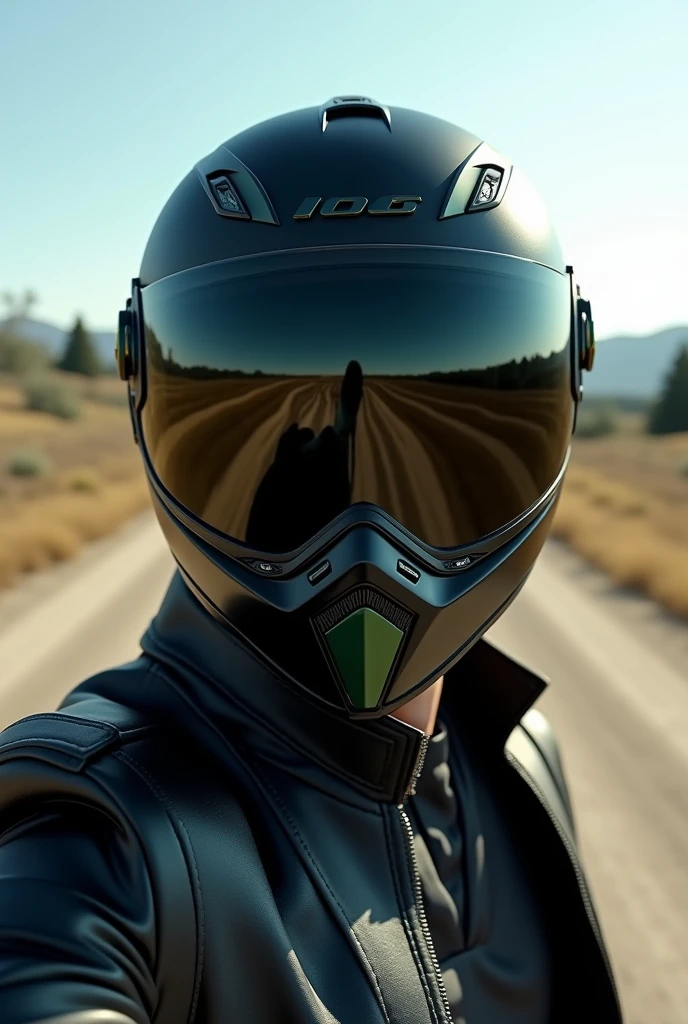 (photorealism:1.2), A selfie of a man wearing a black full-face motorcycle helmet with dark green details,polarized visor.. The scene takes place outdoors, in natural daylight, with an open landscape in the background showing distant trees and hills, dirt road,Black leather jacket with mao collar