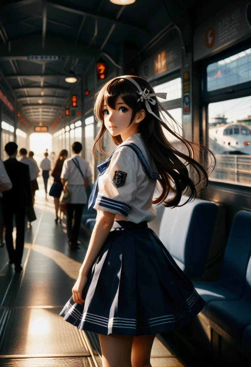 Anime girl with long hair walks along the train platform, Kantai collection style, railgun, konpeki no kantai, Kantai arcade collection, kancolle, Makoto Shinkai style, anime image of a cute girl, Art style of Makoto Shinkai, beautiful anime schoolgirl, anime style 4k, official work of art, blue the maco