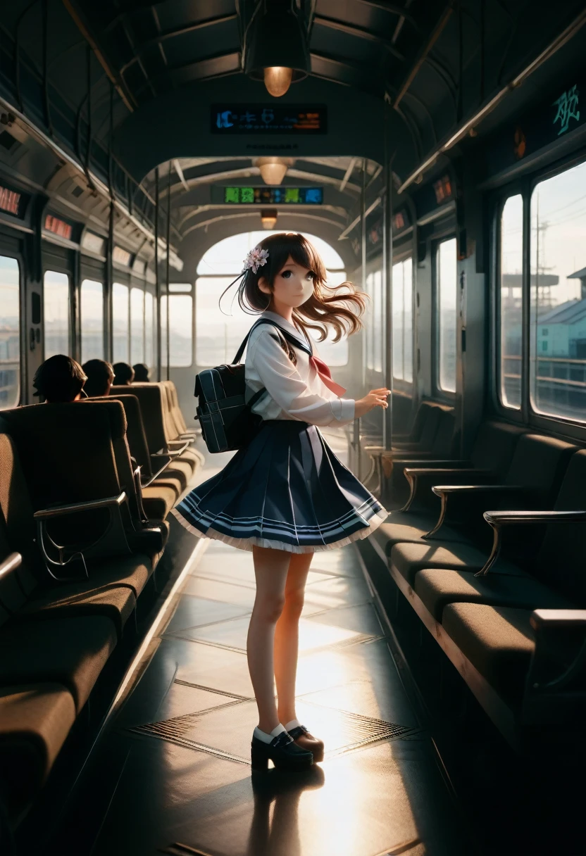 Anime girl with long hair walks along the train platform, Kantai collection style, railgun, konpeki no kantai, Kantai arcade collection, kancolle, Makoto Shinkai style, anime image of a cute girl, Art style of Makoto Shinkai, beautiful anime schoolgirl, anime style 4k, official work of art, blue the maco