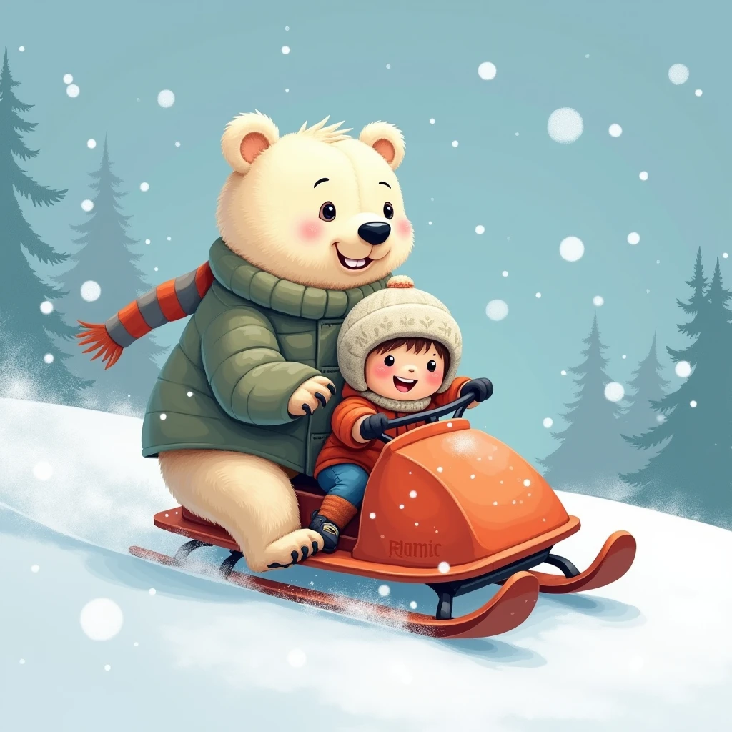 Snow, bear and boy, bear rides snow mobile, boy is Skiing,