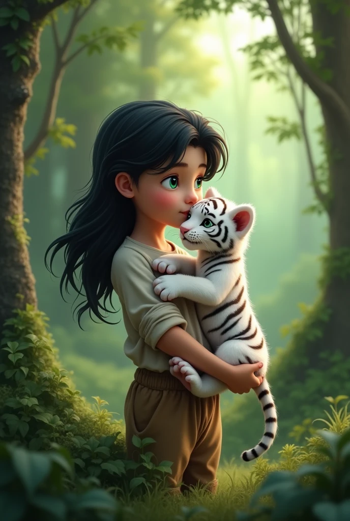An white boy with green eyes and long black hair is holding a white tiger cub in the forest.