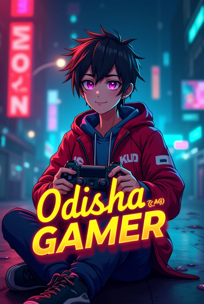 This is a gaming YouTube Banner that features the name "ODISHA GAMER in a futuristic font and a neon Golden color, and Boy Anime avtar, The logo also has a stylized controller icon. The logo is designed to be attractive and eye-catching. and to appeal to gaming enthusiasts and