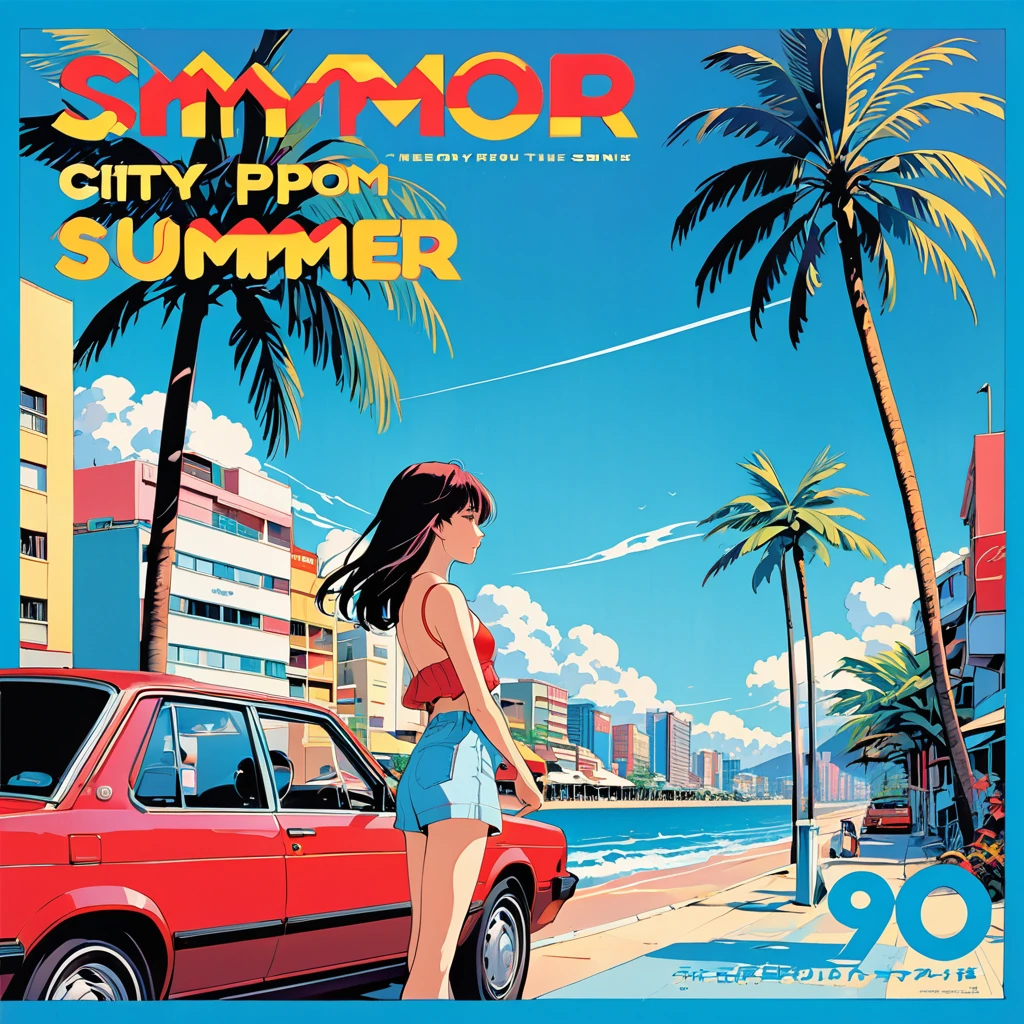 (masterpiece, best quality:1.1),90s record cover art,city-pop,title of the song is "memory from summer",Red car,Palm tree,girl's profile,seaside, inspired by Hiroshi Nagai cmyk palette,illustration by Hisashi Eguchi,(blue outline),